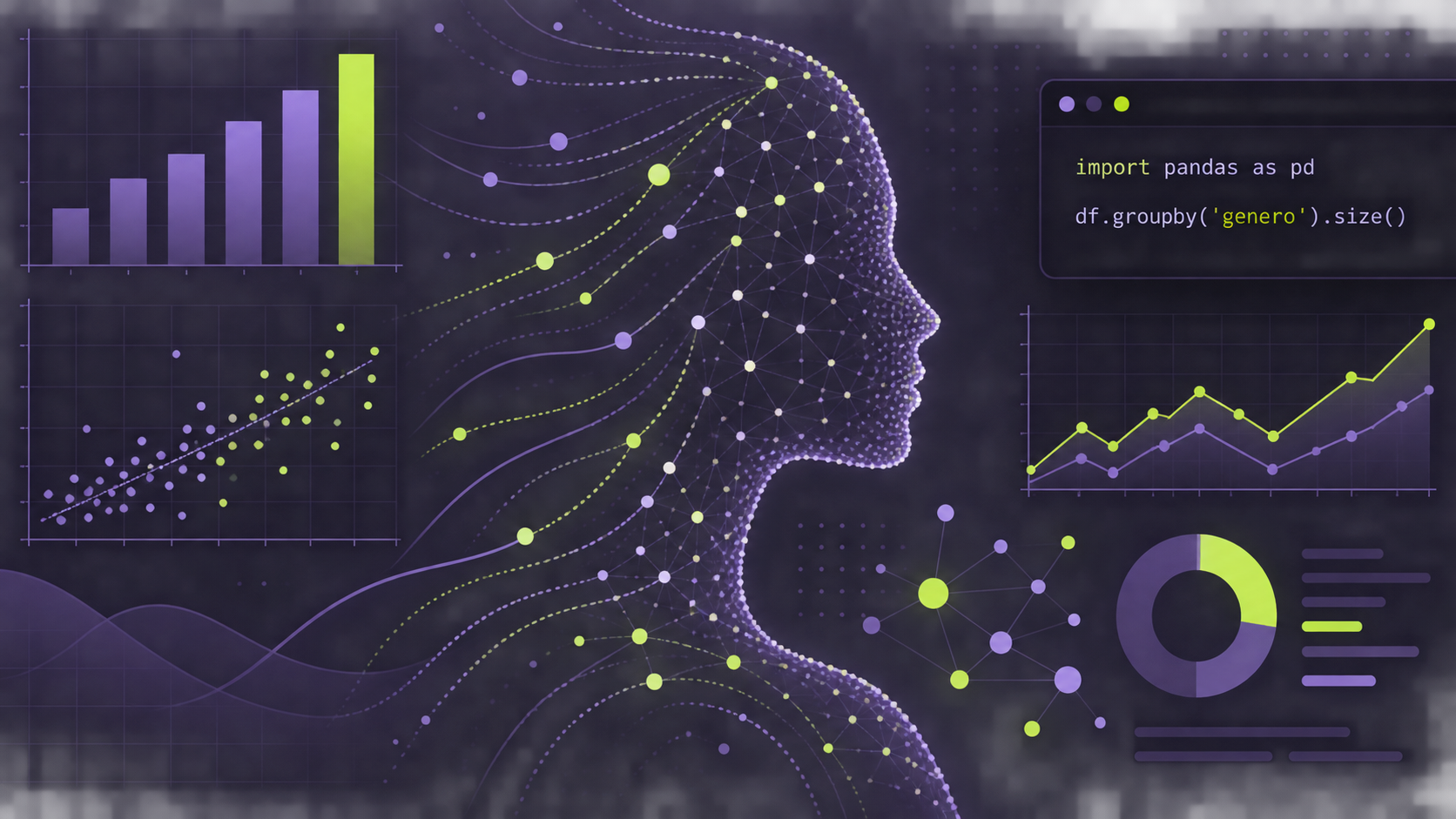 Ilustración de gráficos, código Python y una silueta femenina formada por puntos y conexiones de datos