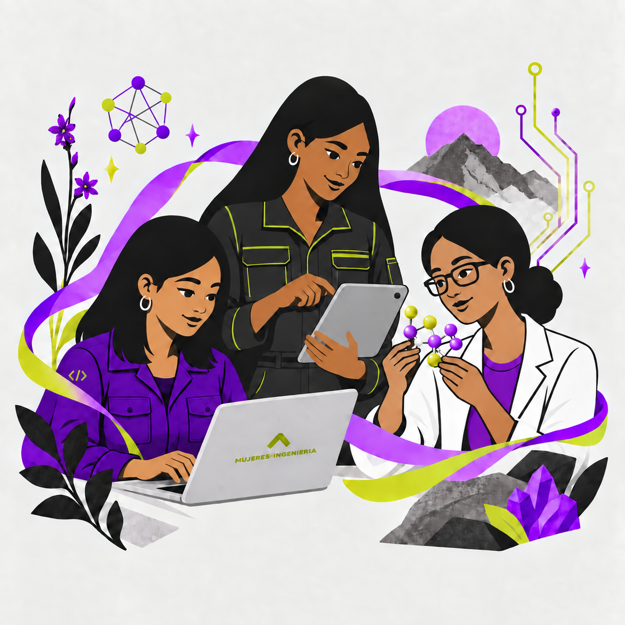 Ilustración de tres ingenieras de informática, industria y química, unidas por cintas violetas y una red de conexiones